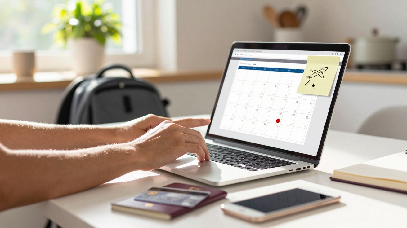 Persona usando portátil con calendario abierto, marcando un día. Hay un pasaporte y móvil en la mesa.