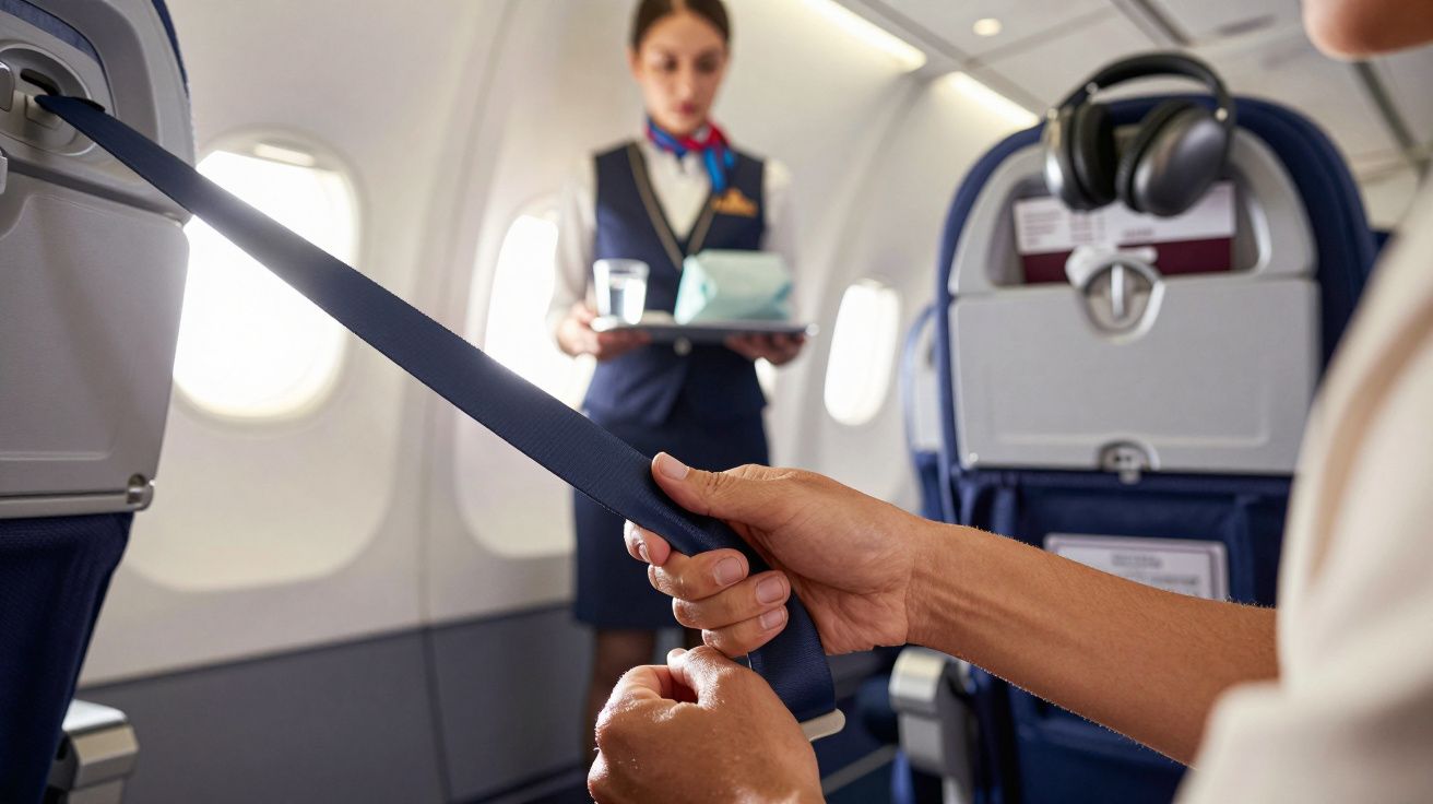 Pasajero abrochando el cinturón de seguridad mientras una azafata sirve bebidas en un avión.