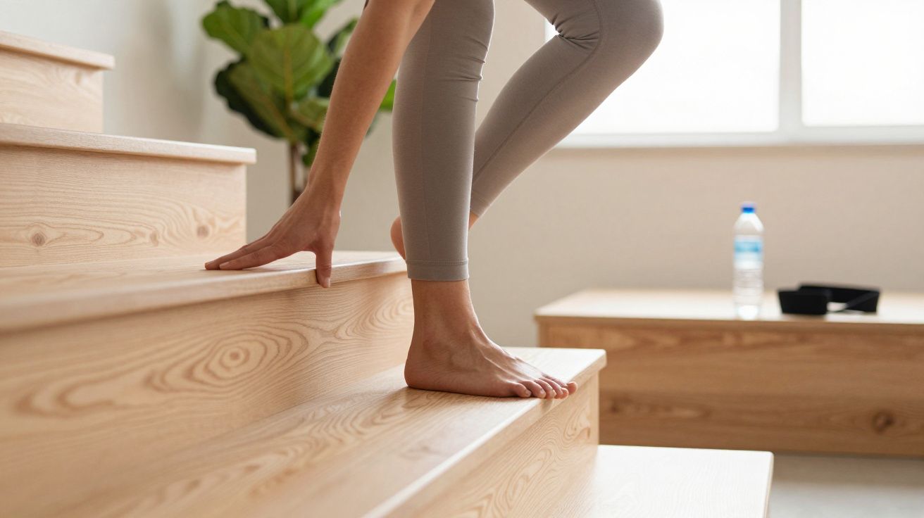 Persona descalza bajando escaleras de madera, apoyada con la mano, botella de agua al fondo.
