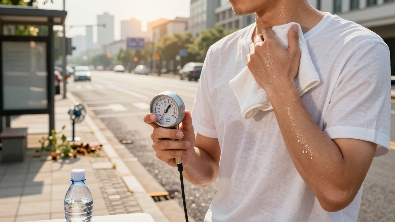 Hombre sudoroso mide temperatura mientras se seca con una toalla en una calle soleada, botella de agua al lado.