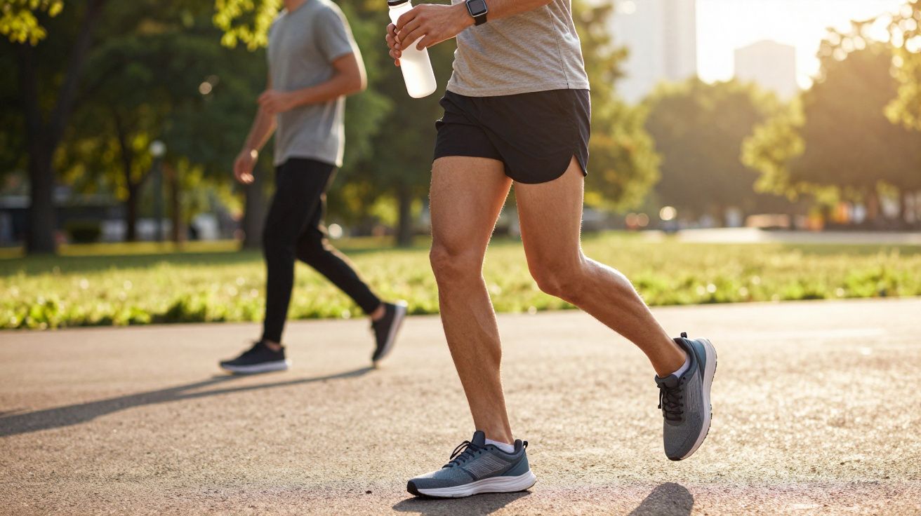 Persona corriendo por un parque al atardecer, con botella de agua en mano y ropa deportiva.