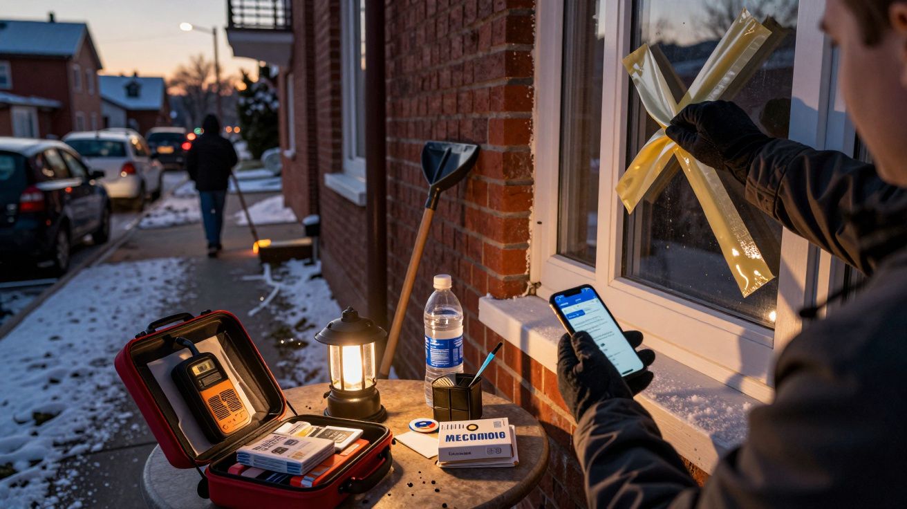 Persona revisando móvil en patio nevado al atardecer, con caja de herramientas, agua, y linterna sobre mesa junto a ventana.