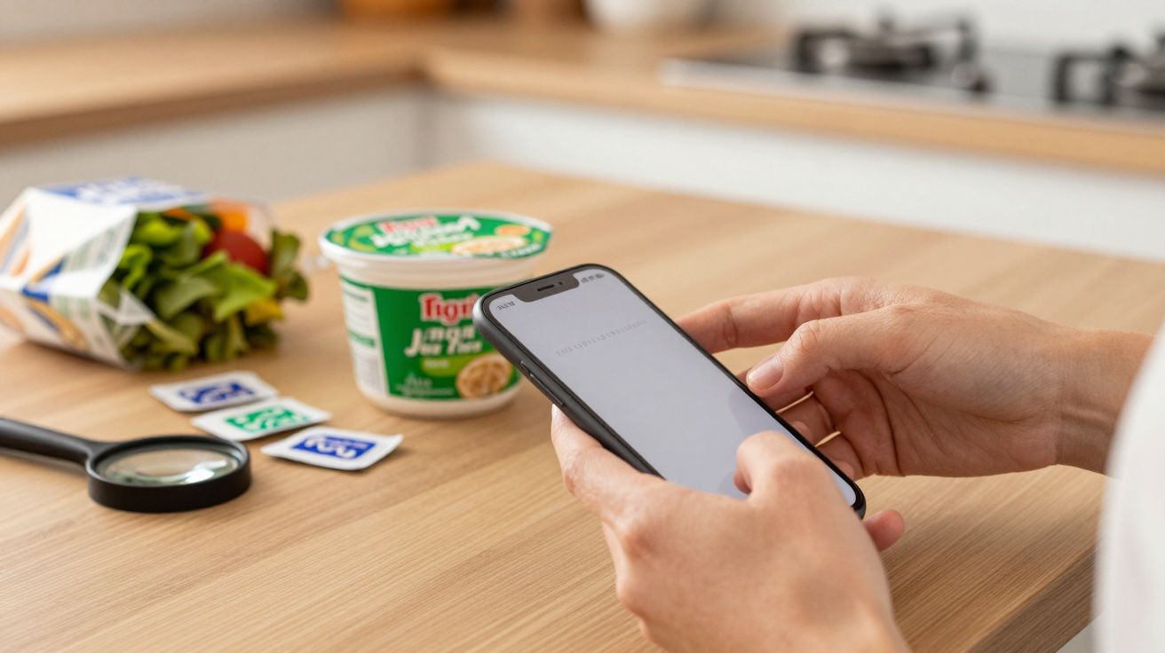 Persona sosteniendo un móvil en la cocina con alimentos y una lupa sobre la mesa de madera.