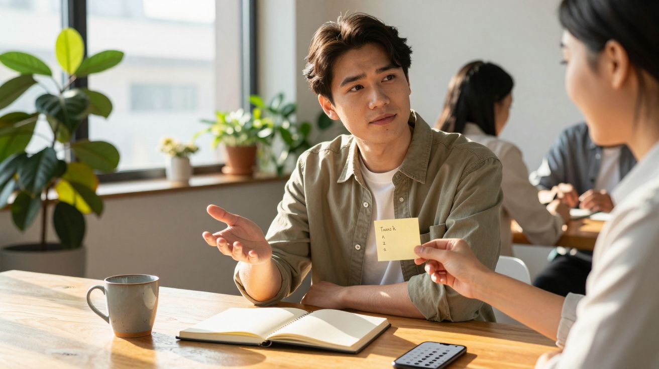 Dos personas conversando en una oficina iluminada. Una persona sostiene un post-it amarillo.