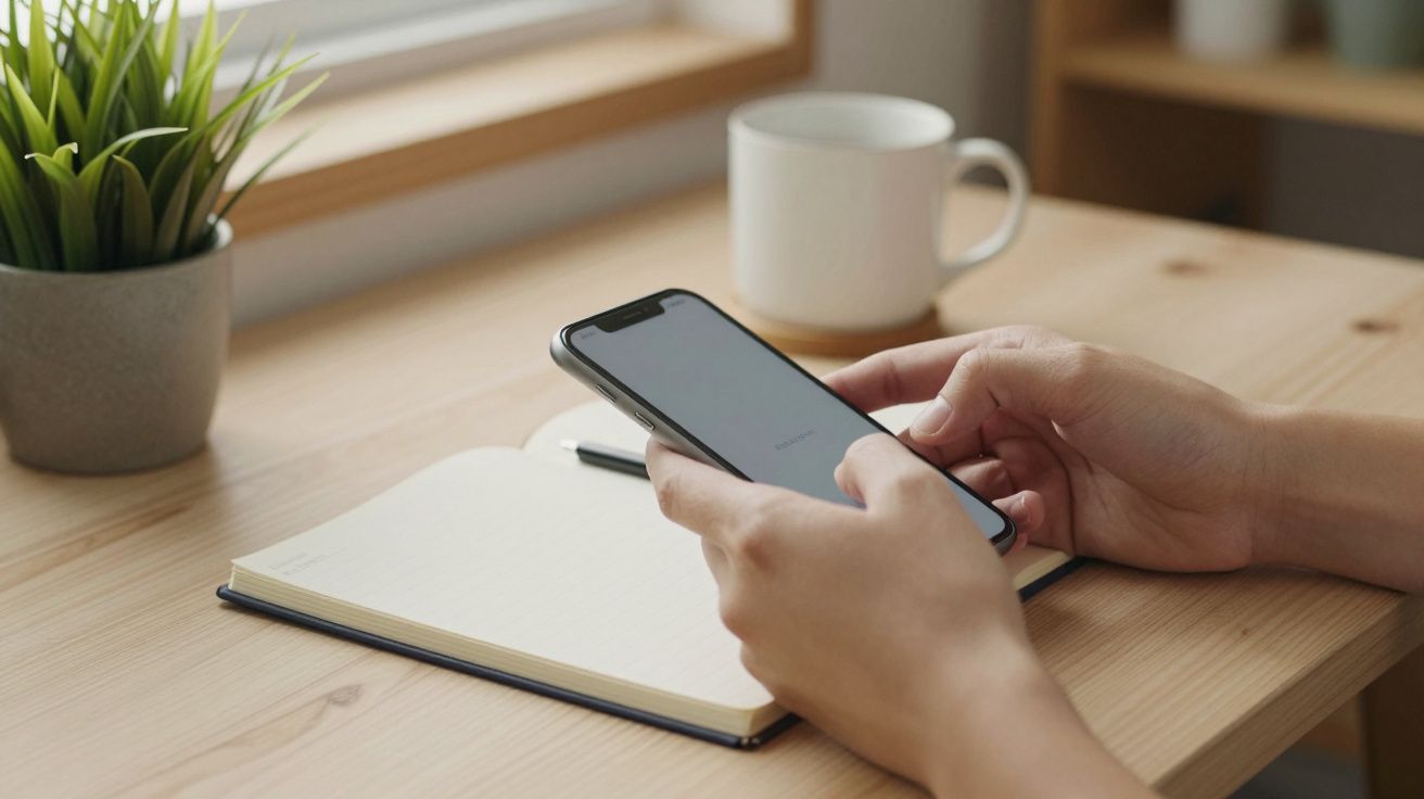Manos sosteniendo un móvil sobre una mesa de madera con cuaderno, taza y planta.