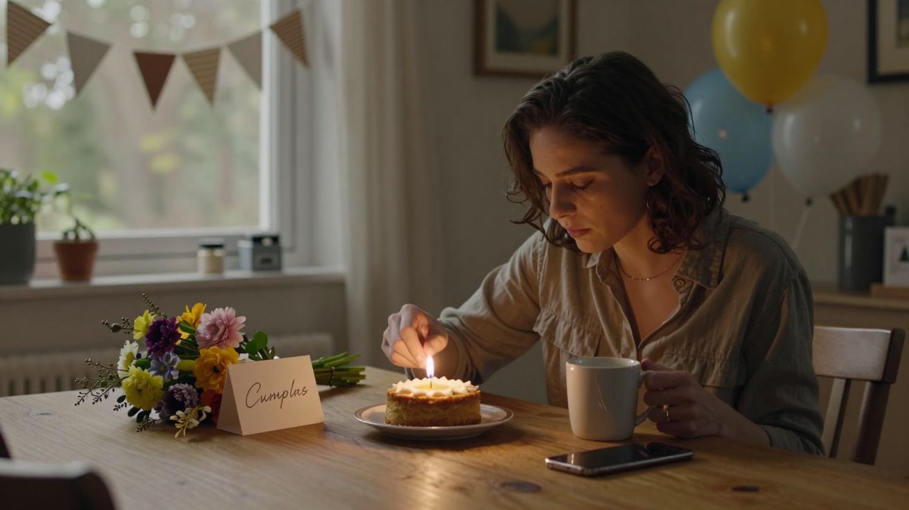Mujer sentada con una taza, mirando una tarta de cumpleaños con velas encendidas. Flores y decoración festiva alrededor.