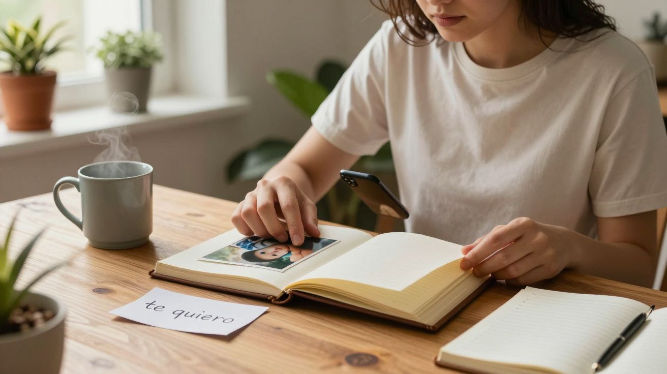 Mujer en camiseta blanca viendo una foto en un álbum, con un móvil y una taza. Nota "te quiero" en la mesa.