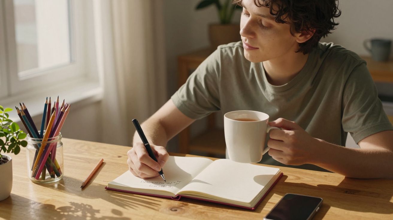 Persona escribiendo en un cuaderno con una taza en la mano, sentada en una mesa de madera junto a una ventana.