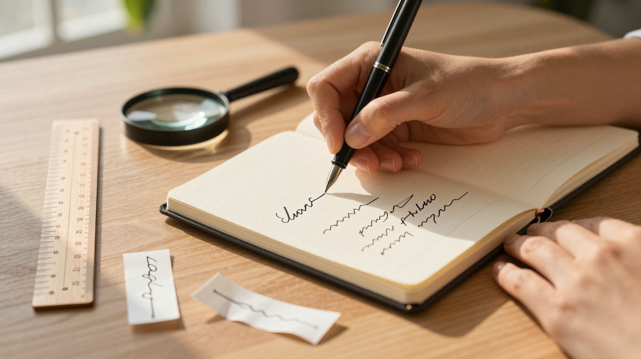 Mano escribiendo en un cuaderno con bolígrafo, junto a una lupa, una regla de madera y papeles sobre una mesa de madera.