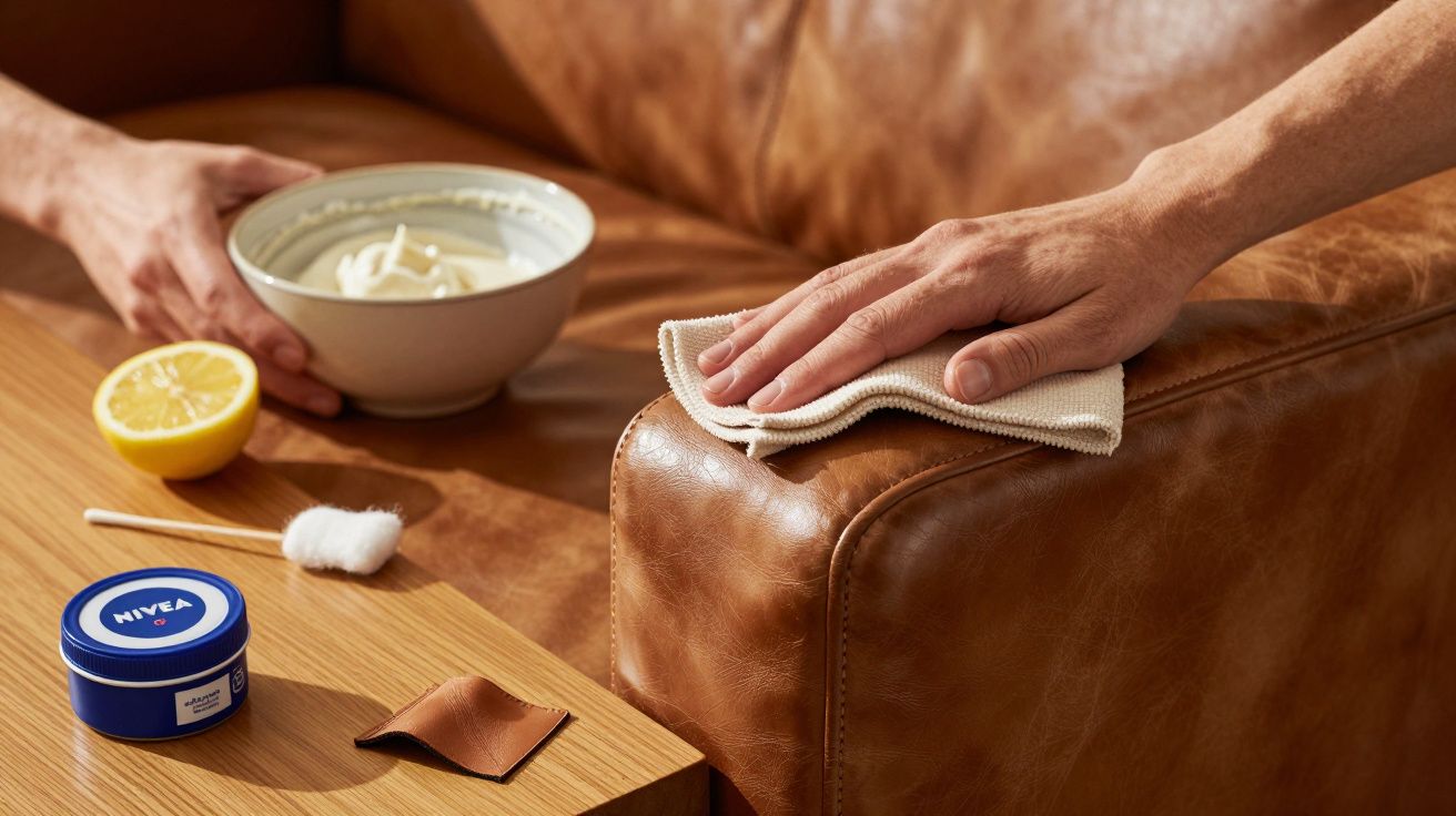 Mano limpiando un sofá de cuero con un paño, junto a crema, limón y un recipiente en una mesa de madera cercana.