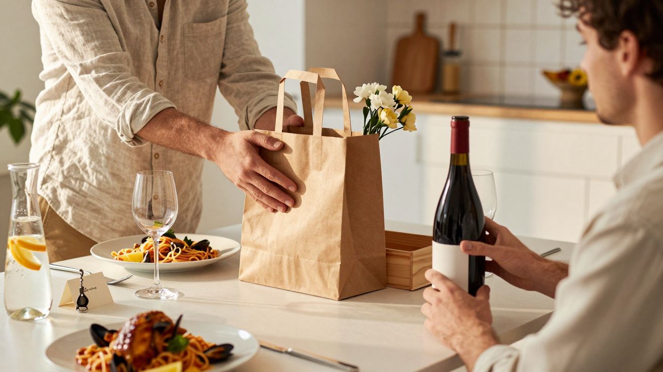 Hombre entregando bolsa de papel junto a mesa con platos de pasta y botella de vino en cocina luminosa.