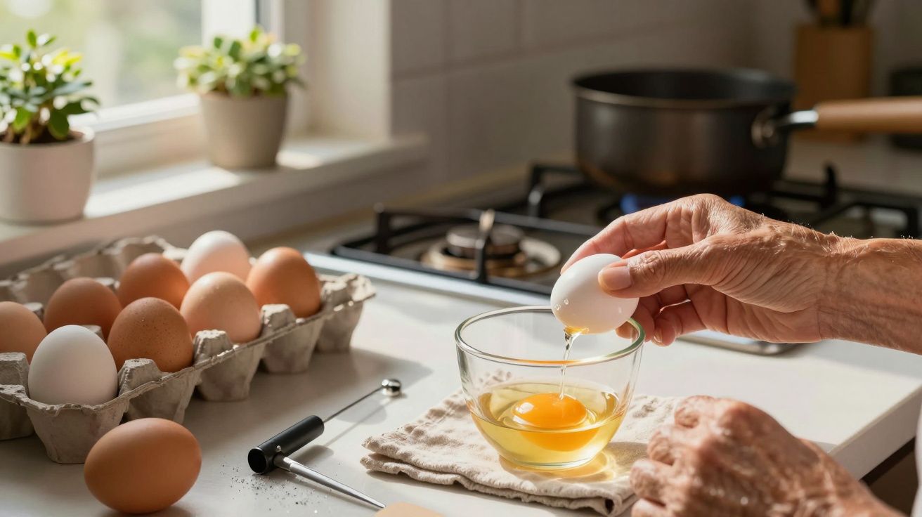 Manos rompiendo un huevo en un bol de vidrio en una cocina, con una bandeja de huevos en la encimera.