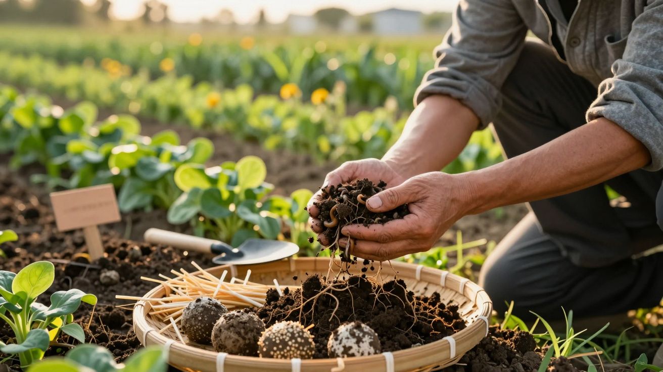 Persona recogiendo tierra y semillas en una huerta, con plantas verdes y flores amarillas al fondo.