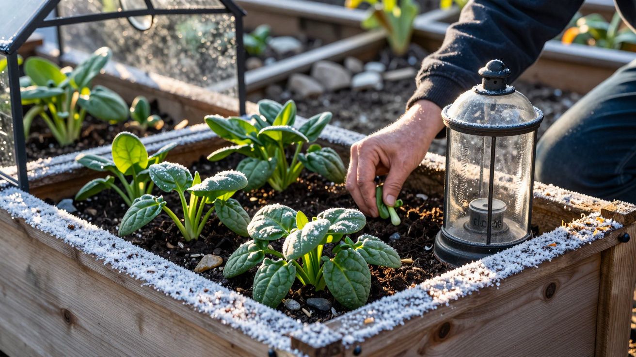 Mano plantando espinacas en un huerto elevado de madera, junto a un farol decorativo.