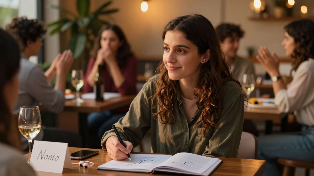 Mujer joven escribiendo en un cuaderno en un restaurante, rodeada de personas conversando y copas de vino en la mesa.