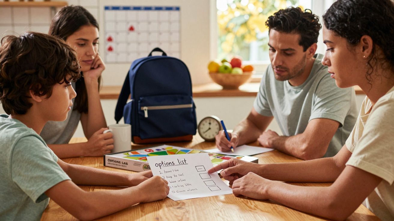 Familia sentada alrededor de una mesa, revisando una lista de opciones. Una mochila y un reloj se ven en el fondo.