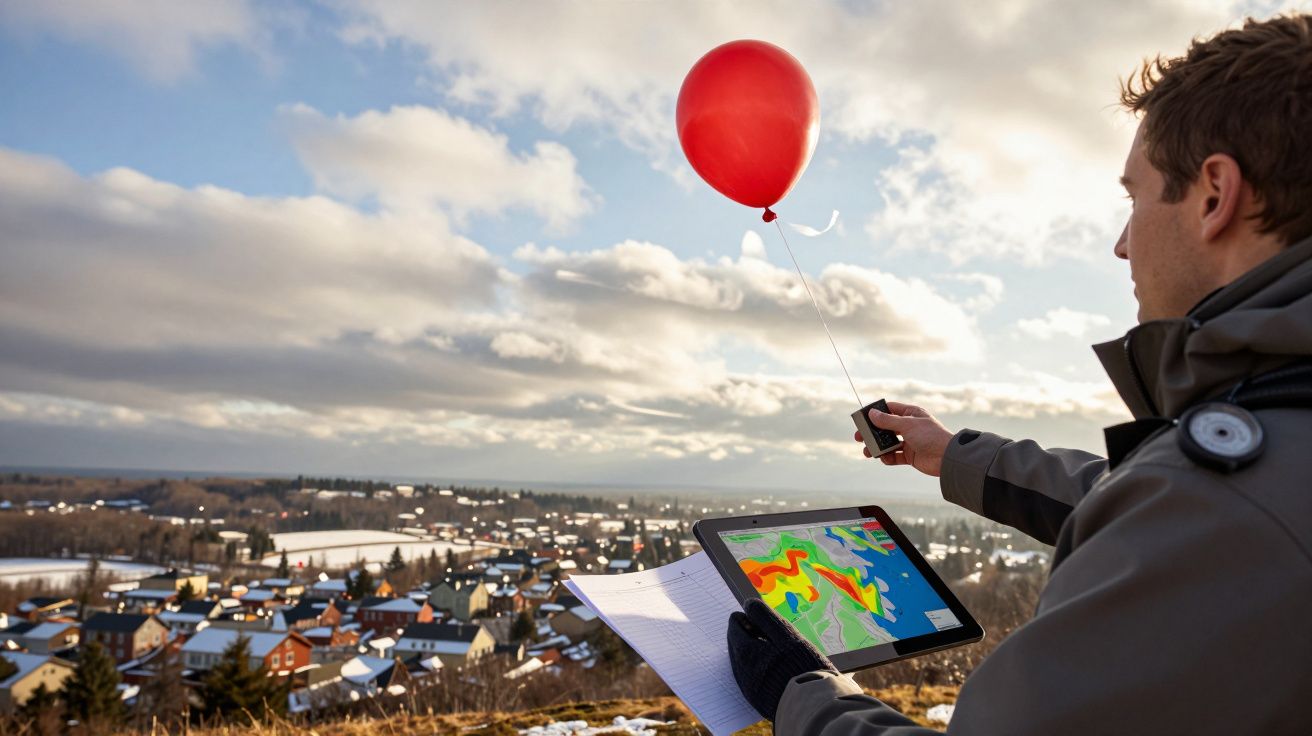 Persona sostiene globo rojo y tableta con mapa meteorológico, paisaje urbano al fondo.