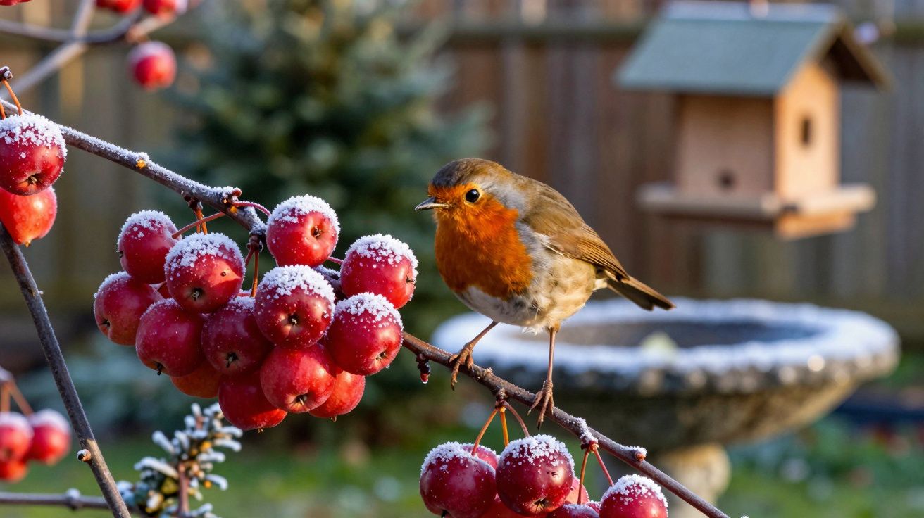 Petirrojo posado en rama cubierta de escarcha junto a bayas rojas, con un comedero de pájaros de fondo.