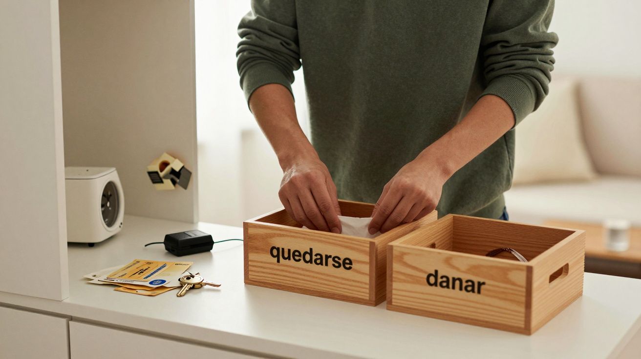 Persona ordenando objetos en cajas de madera etiquetadas "quedarse" y "danar" en una sala con artículos de oficina.