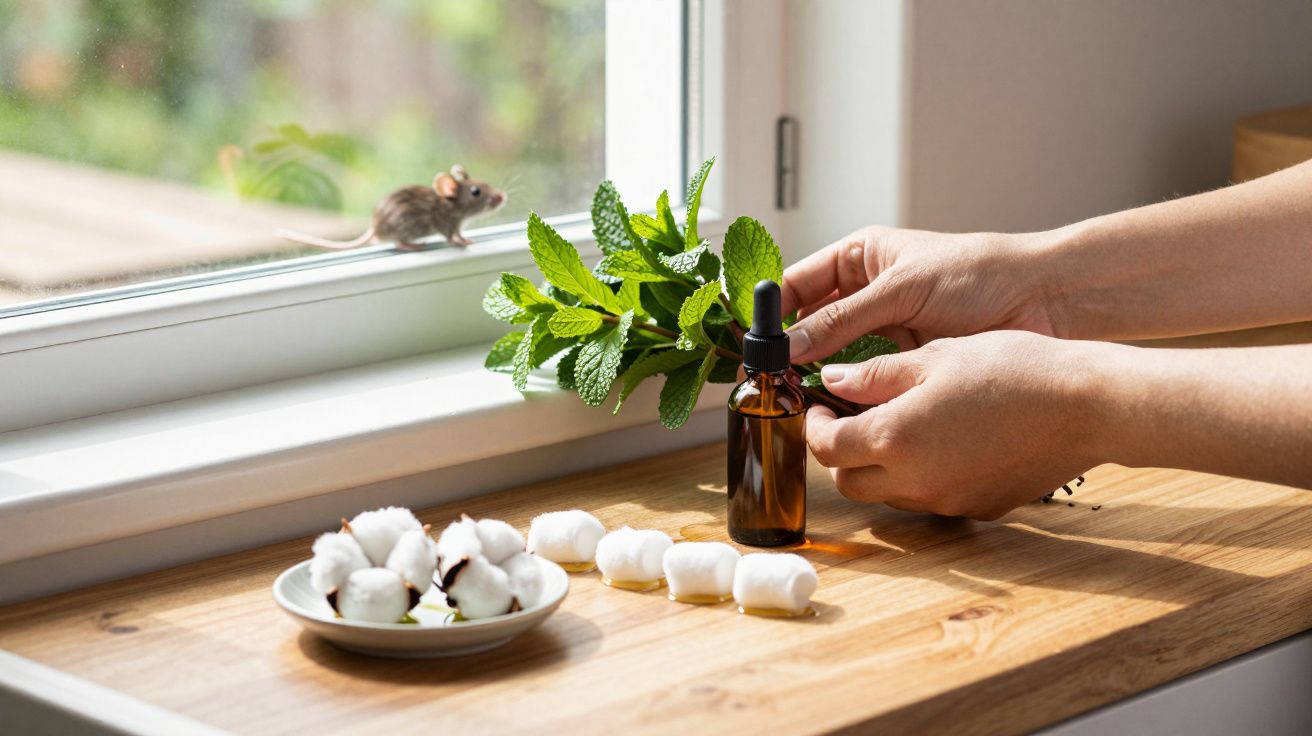 Manos manipulando un frasco de vidrio junto a algodón, menta y un ratón en el alféizar de una ventana.