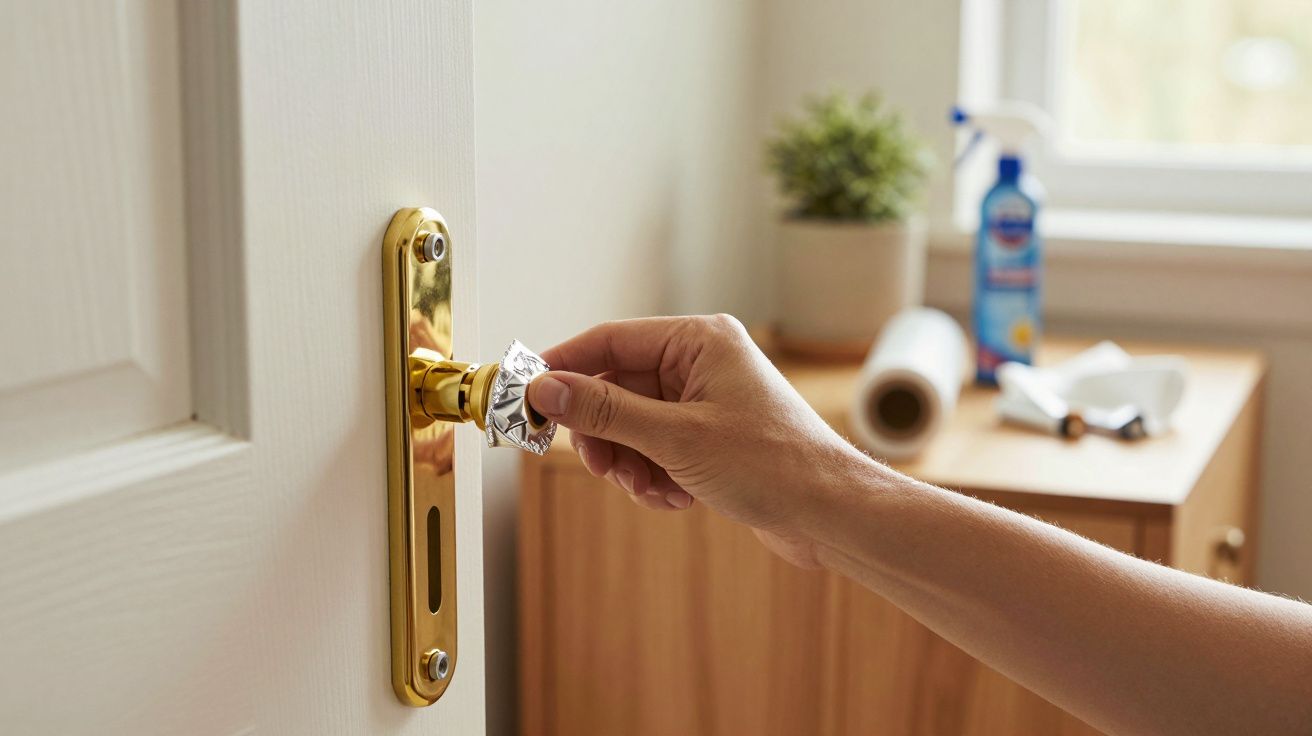 Mano limpiando el pomo de una puerta dorada con papel de aluminio en una habitación luminosa con muebles de madera.