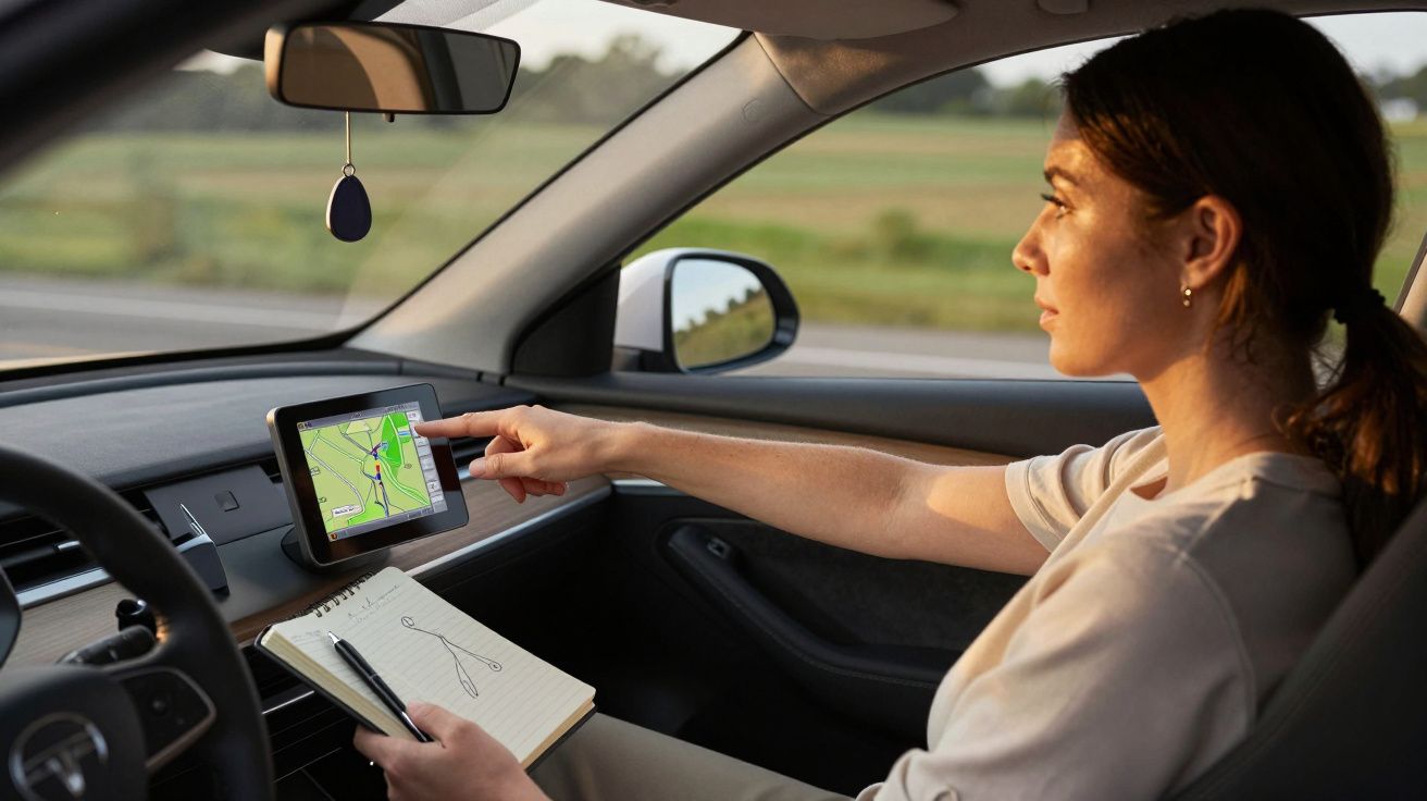 Mujer conduciendo un coche, usando un GPS en la pantalla del salpicadero, con un cuaderno en el regazo.