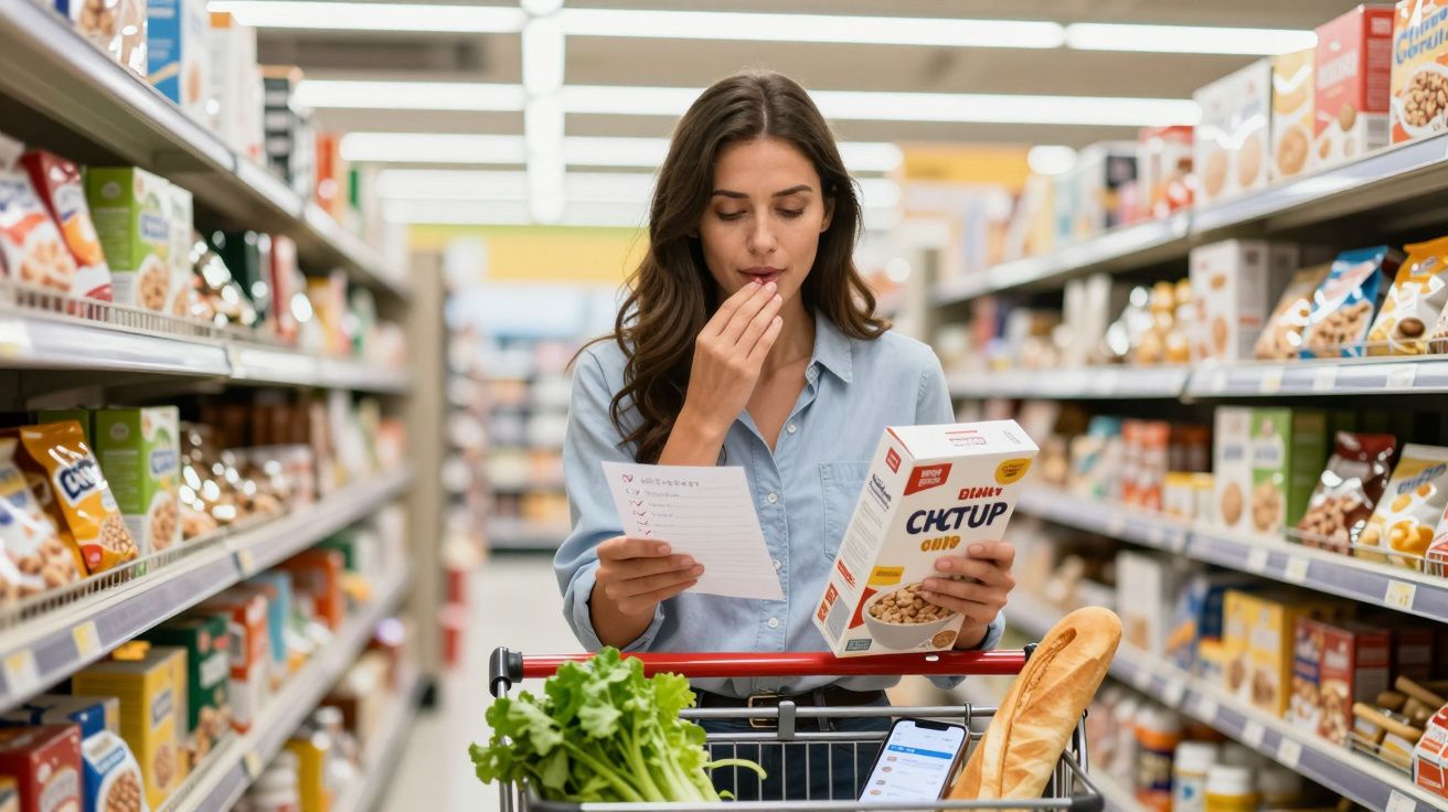 Mujer comprando cereales en supermercado, sosteniendo lista de compras.