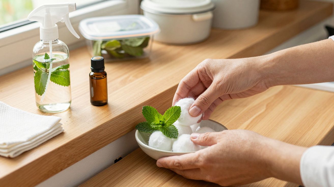 Manos colocando bolas de algodón y menta en un cuenco sobre una encimera de madera con botellas y recipientes.