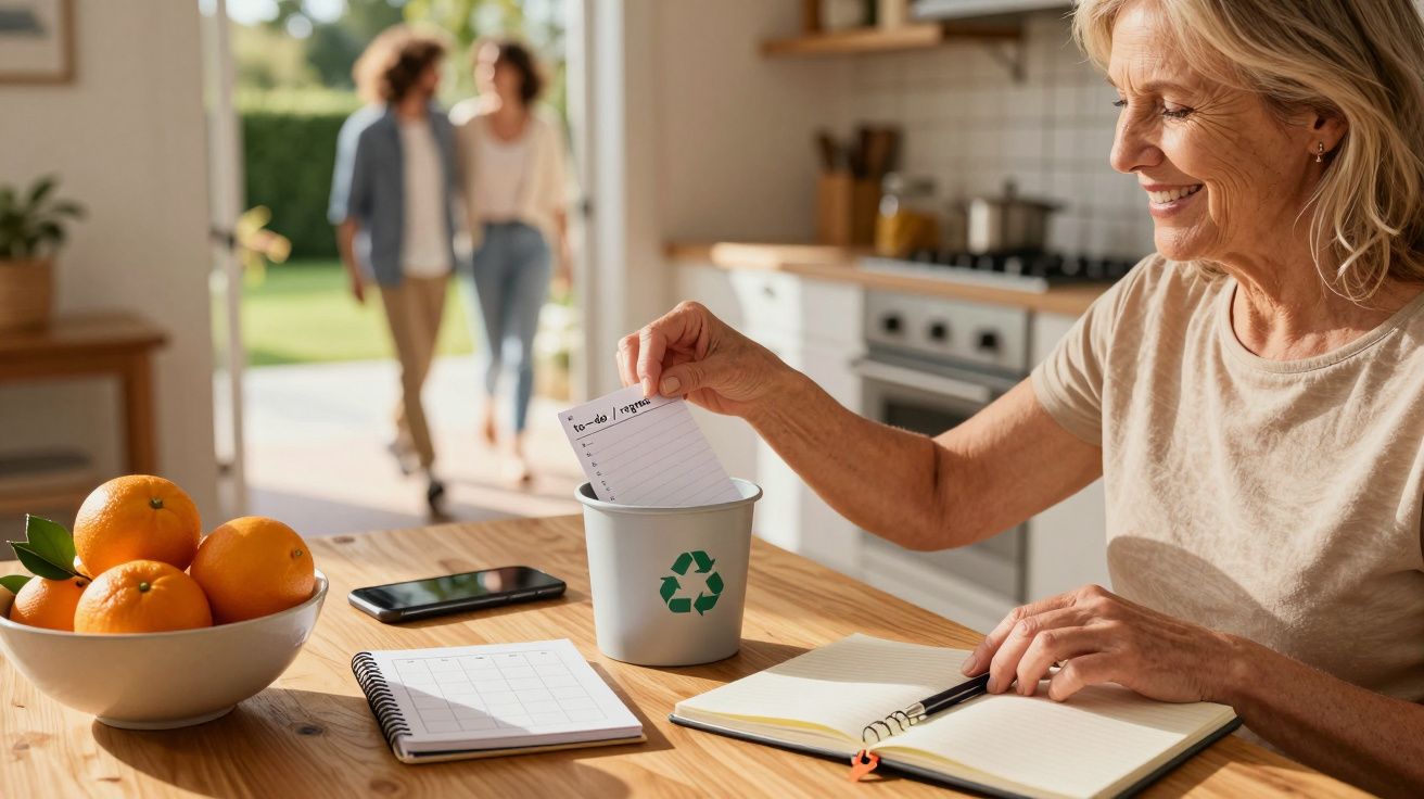 Mujer mayor reciclando papel en la cocina junto a una mesa con naranjas, cuaderno y móvil; dos personas se acercan al fondo.