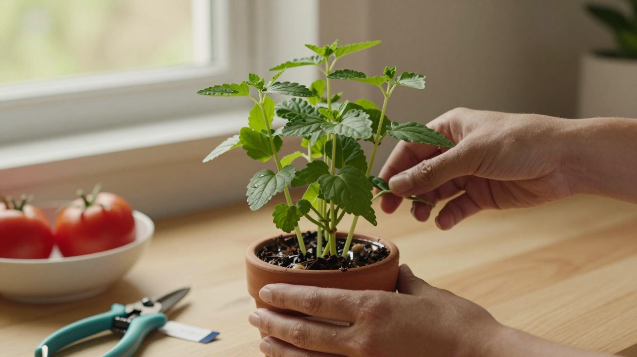 Manos cuidando planta en maceta sobre mesa de madera, con tijeras de jardinería y tomates al fondo.