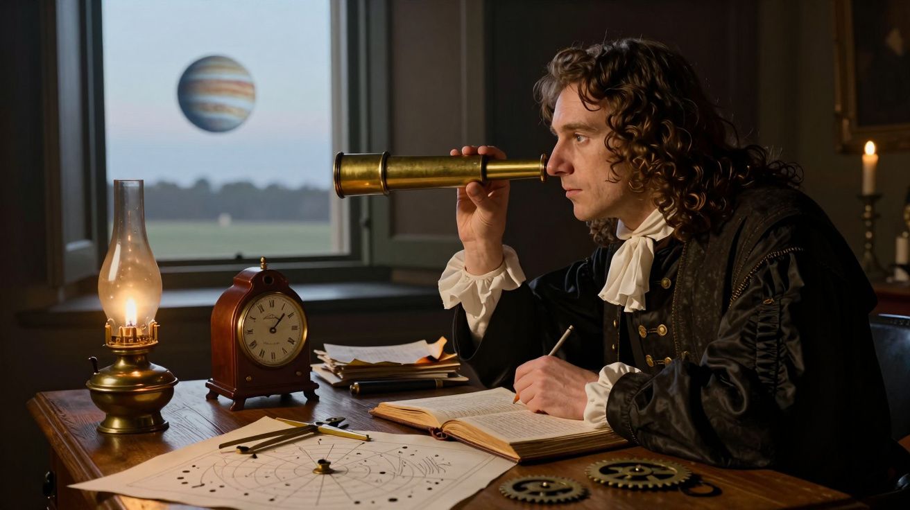 Científico del siglo XVII observa por telescopio en escritorio con papeles, reloj y lámpara. Planeta visible por la ventana.