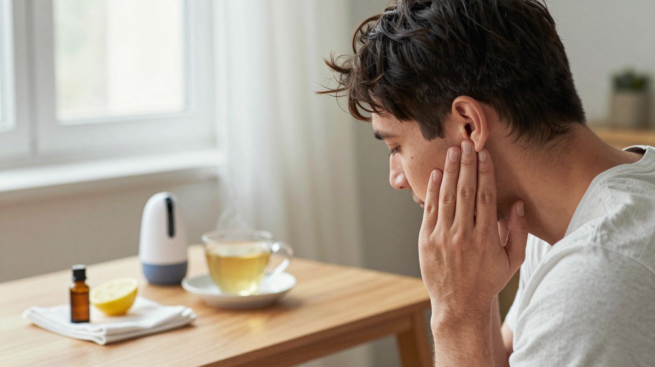 Hombre con dolor de oído sentado, taza de té, limón y aceite esencial sobre la mesa cerca de la ventana.