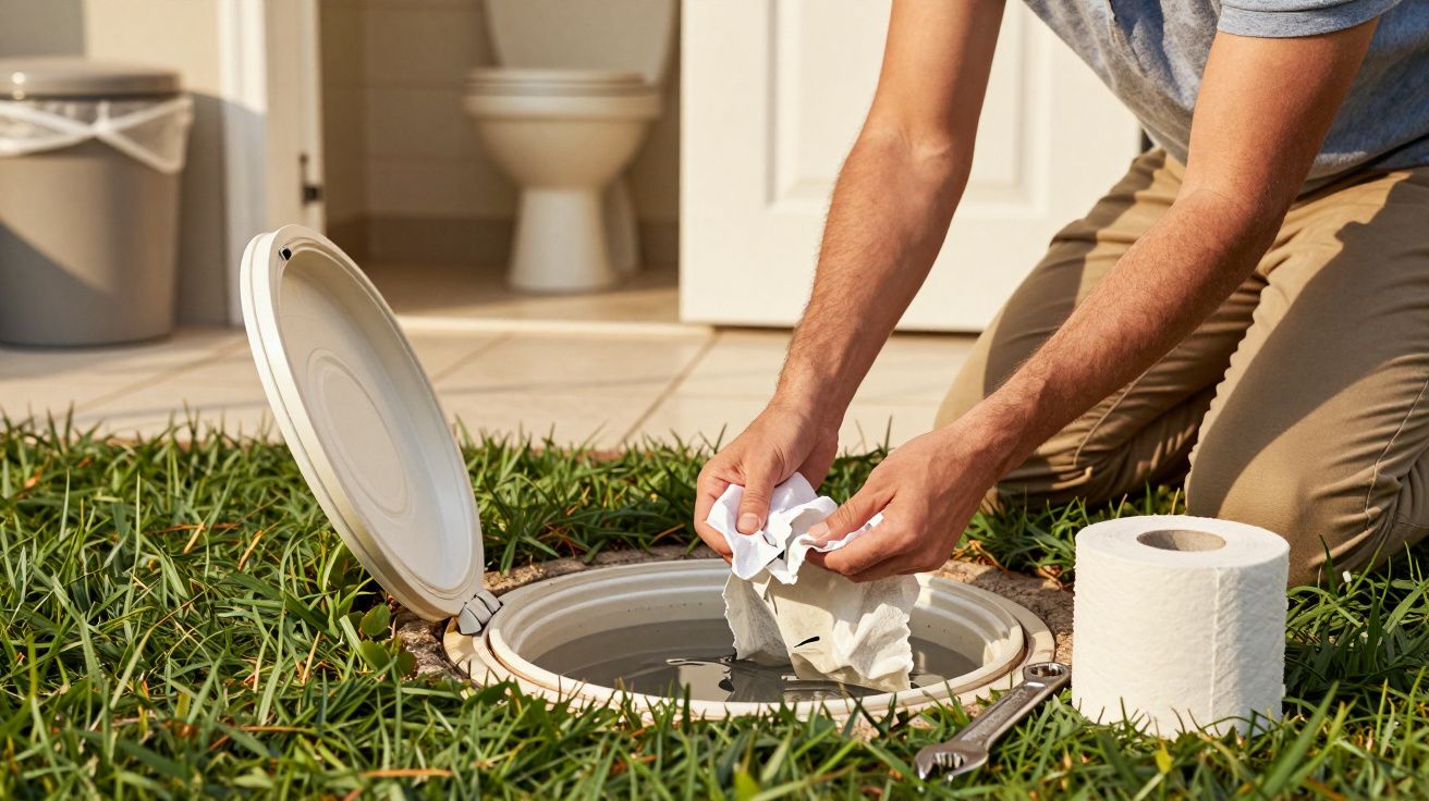 Hombre arrodillado junto a una tapa de alcantarilla en el césped, sujetando papel higiénico cerca de un cuarto de baño.