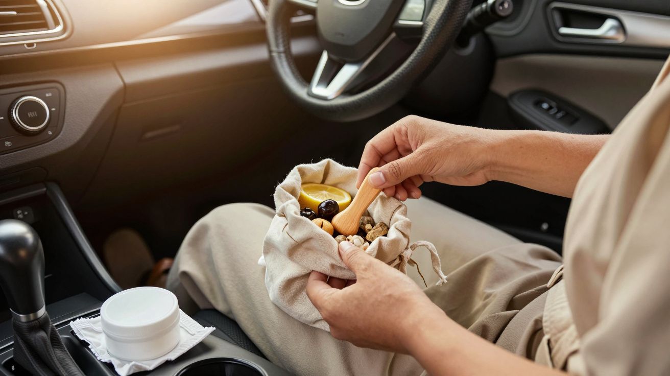 Persona en coche comiendo frutos secos de una bolsa con cuchara de madera, junto a un tarro blanco en el salpicadero.