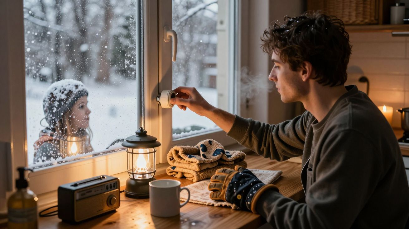 Hombre ajusta termostato junto a ventana nevada, mujer afuera; guantes, linterna y taza en la mesa.