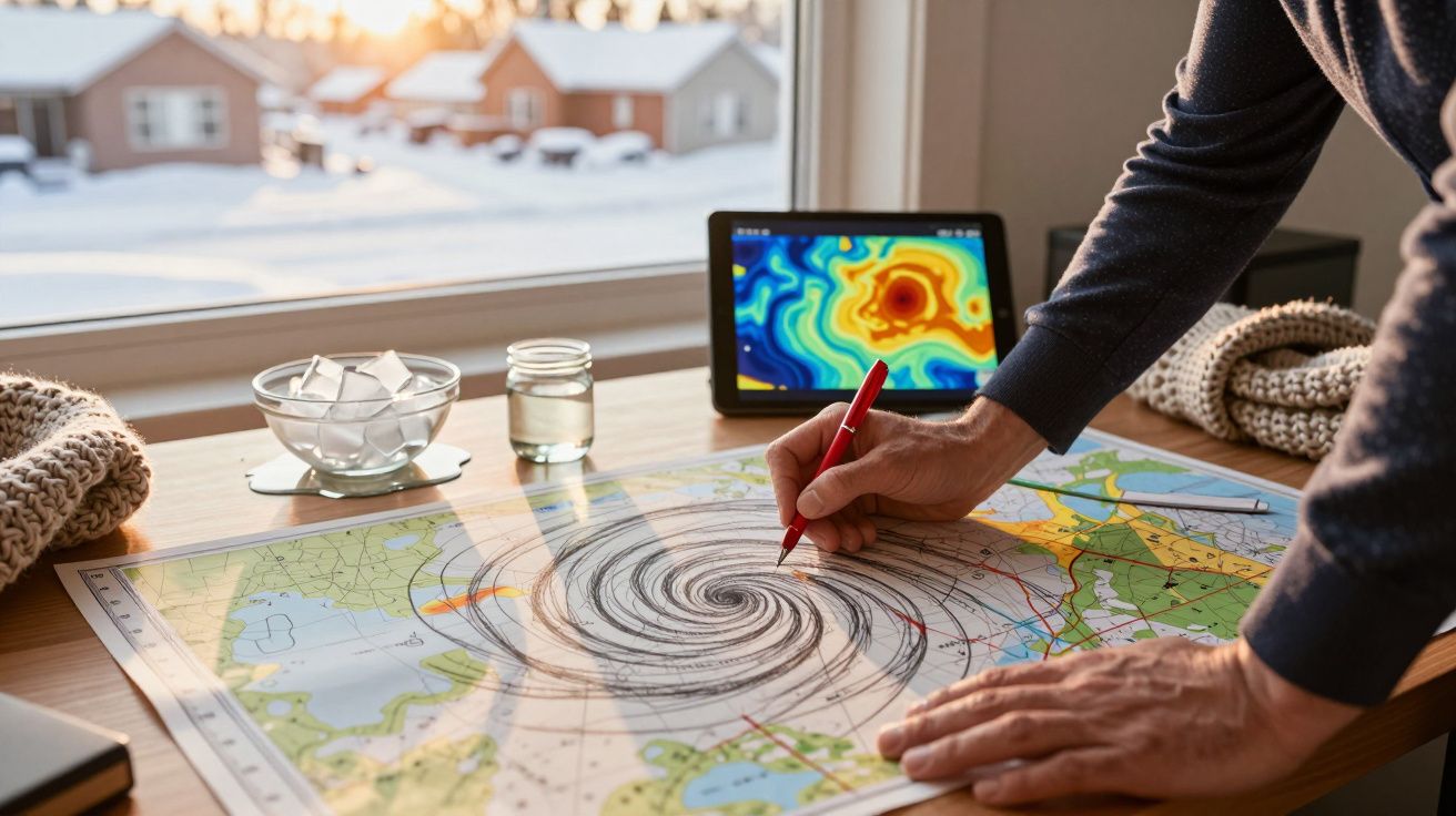 Mano dibuja espiral en mapa meteorológico sobre mesa; tablet muestra imagen satelital, ventana al fondo con nieve.