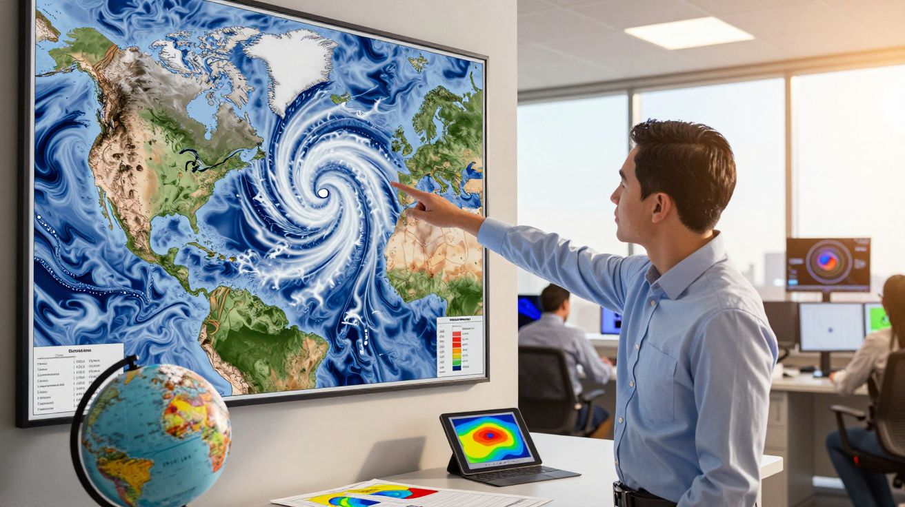 Hombre señalando mapa meteorológico de huracán en pantalla grande, con ordenadores y globo terráqueo en la oficina.