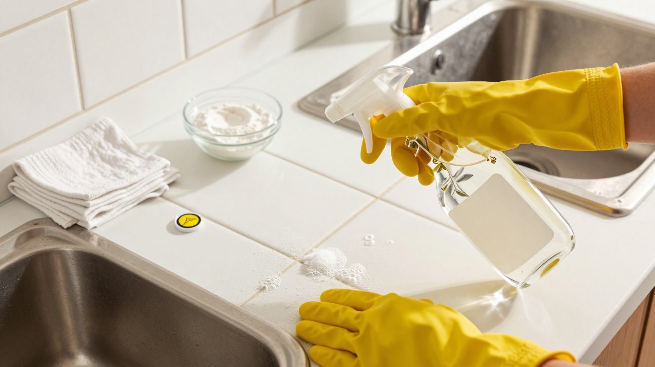 Manos con guantes amarillos limpiando una encimera blanca con espray y esponja junto a fregadero.