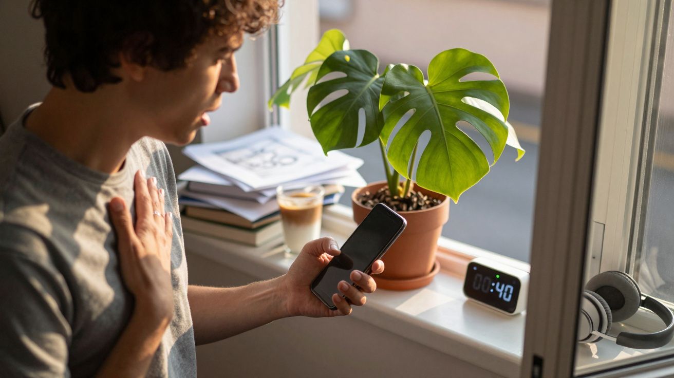 Persona hablando por teléfono junto a una ventana con planta, libros y un reloj digital.