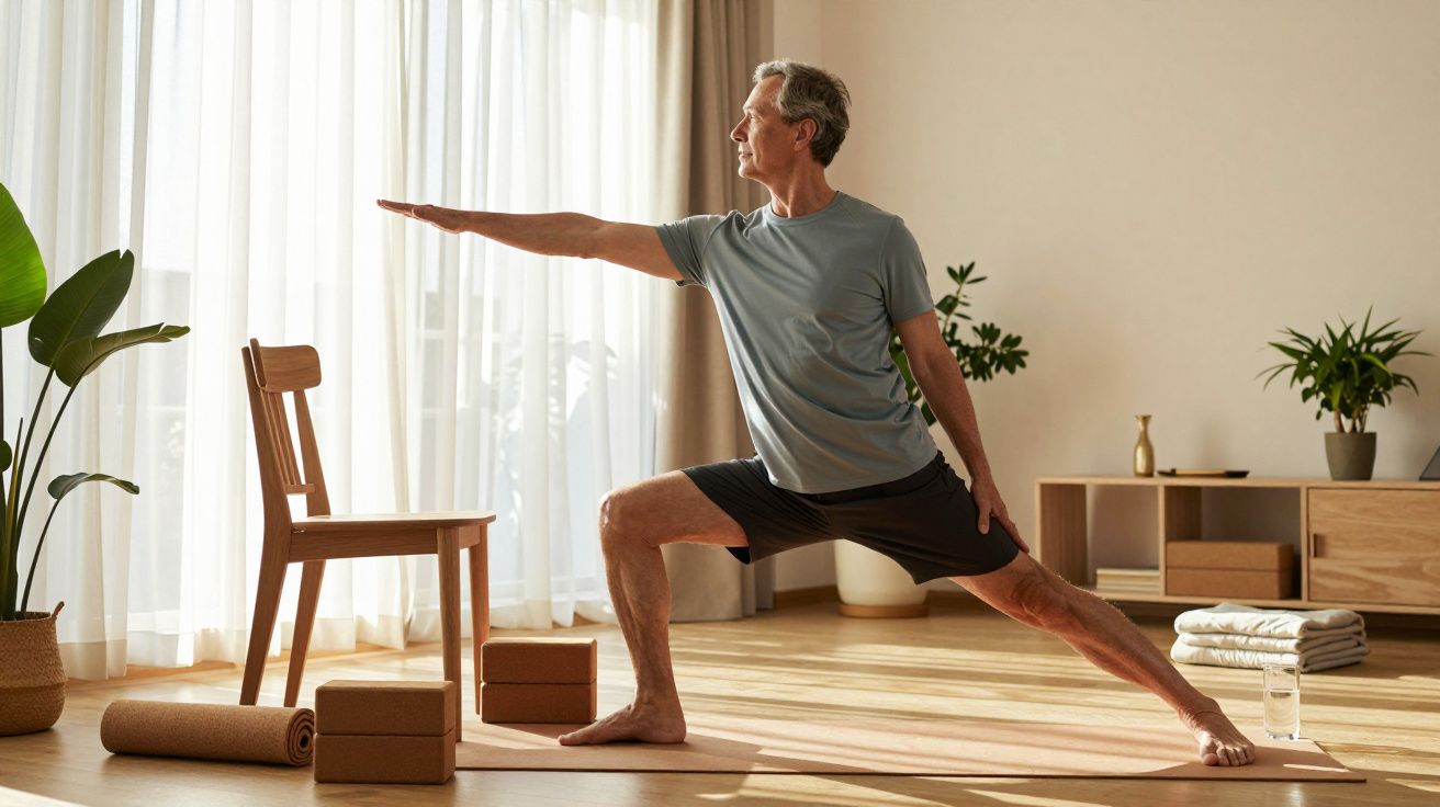 Hombre mayor practicando yoga en casa, realizando una postura de guerrero frente a una silla, rodeado de plantas.
