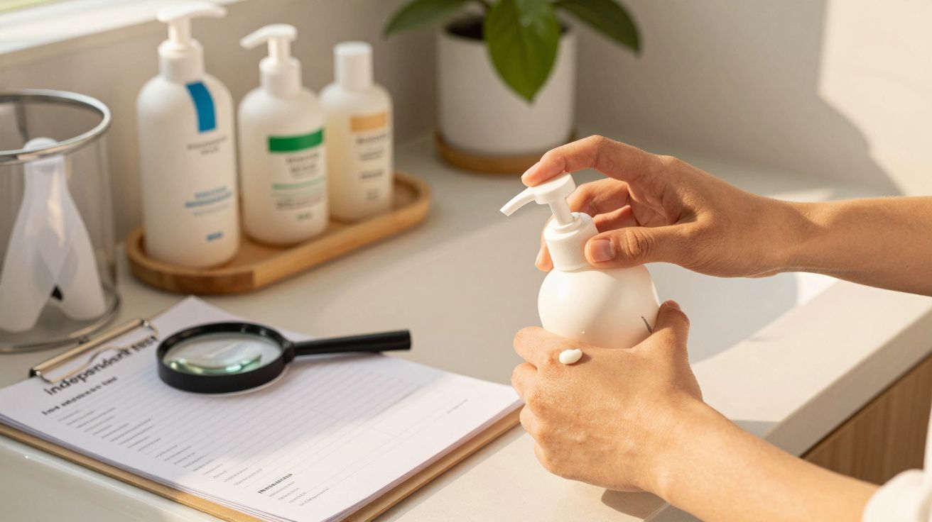 Manos presionando un dispensador de jabón sobre un escritorio, junto a una lupa, papeles y otros frascos.