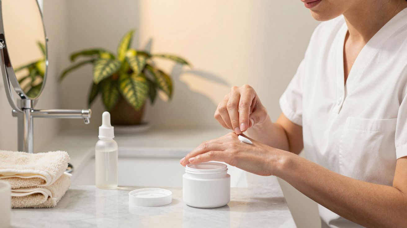 Mujer aplicando crema en la mano, junto a envases de cosméticos en un tocador, con planta decorativa al fondo.