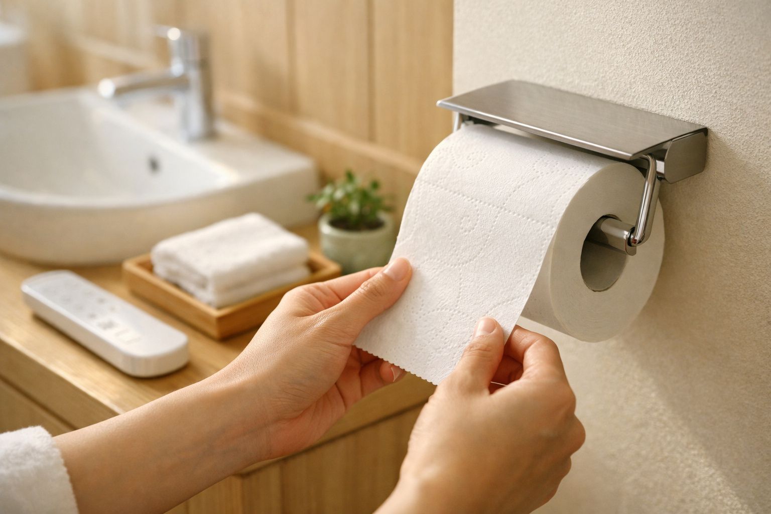 Mano tomando papel higiénico de un dispensador en un baño elegante con decoración minimalista.