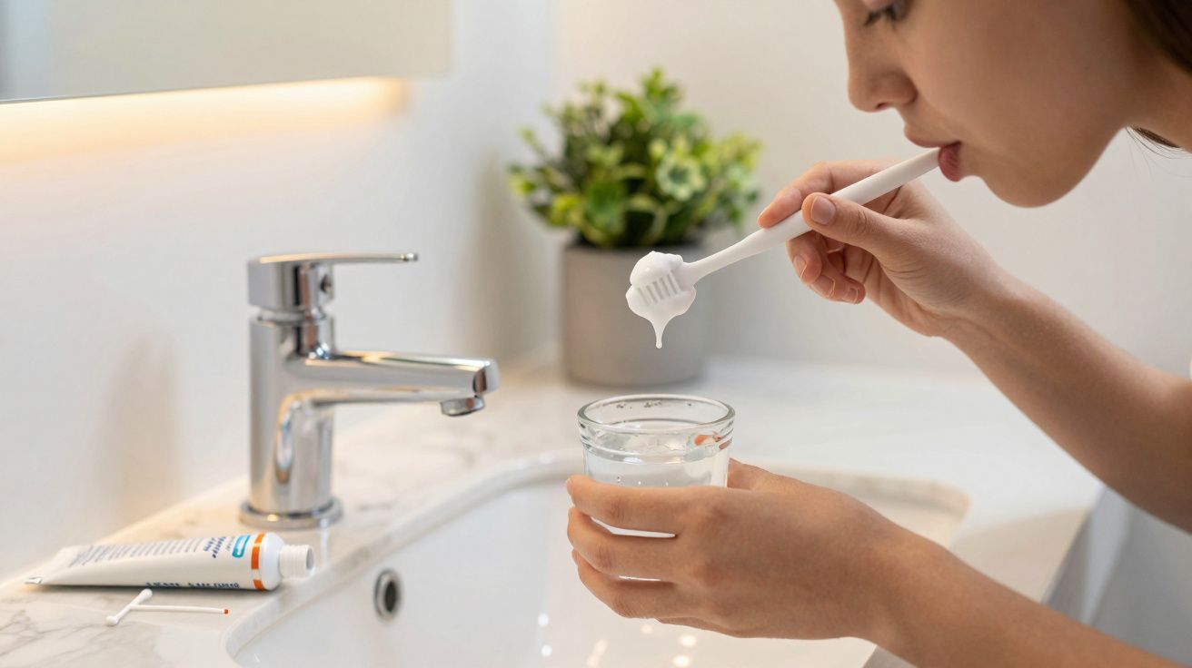 Persona cepillándose los dientes junto al lavabo, con pasta de dientes y una planta cerca.