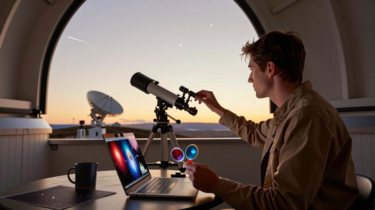Hombre ajustando un telescopio en un observatorio con un cielo estrellado al atardecer y un portátil mostrando imágenes del e