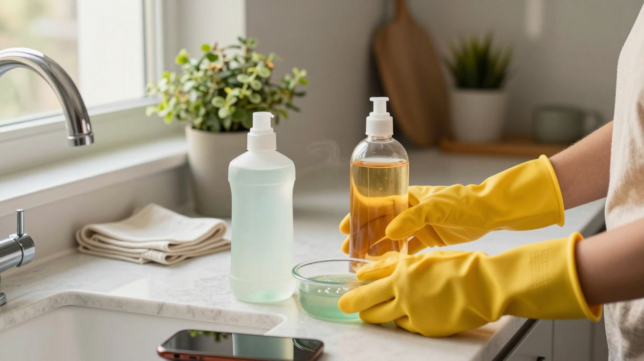 Persona con guantes amarillos lavando platos junto a fregadero, con botellas de jabón y una planta decorativa.
