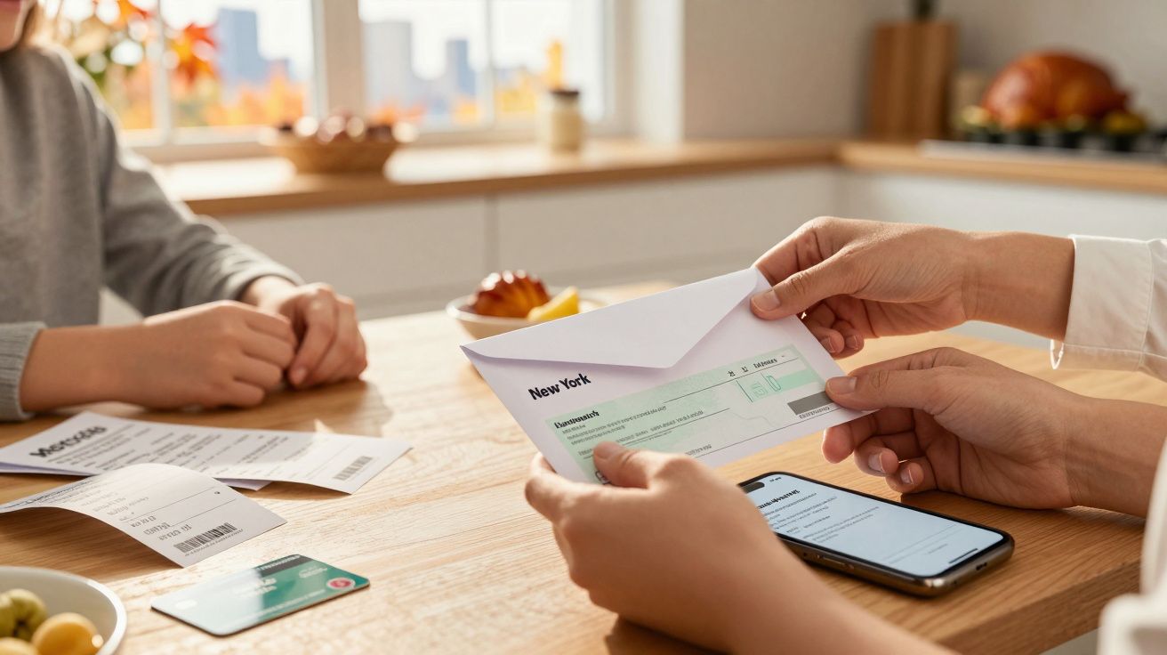 Manos sostienen un cheque y un móvil sobre una mesa con facturas y tarjetas, mientras otra persona observa.