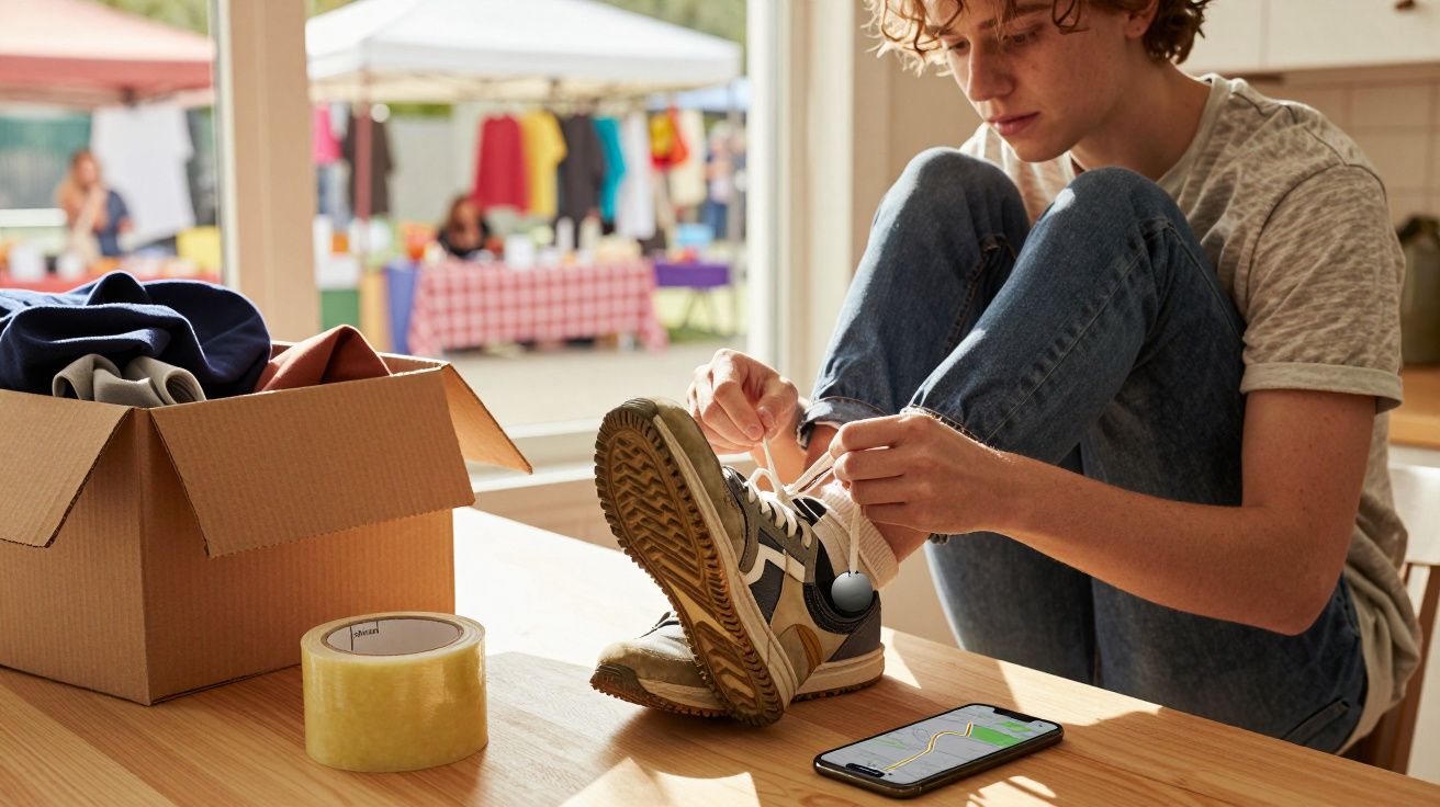 Joven atándose las zapatillas deportivas en una mesa, con una caja de cartón y un teléfono móvil al lado.