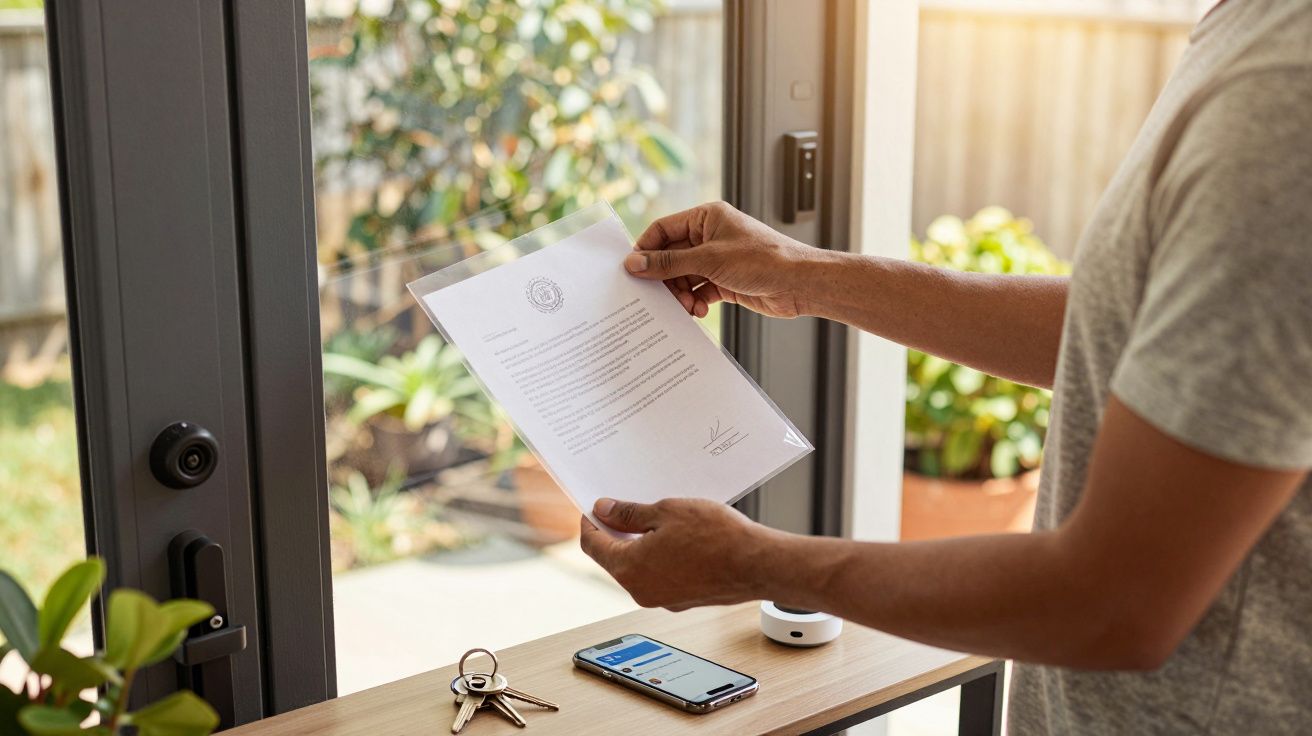 Persona revisando un documento junto a una mesa con un móvil, llaves y un altavoz pequeño, cerca de una puerta.