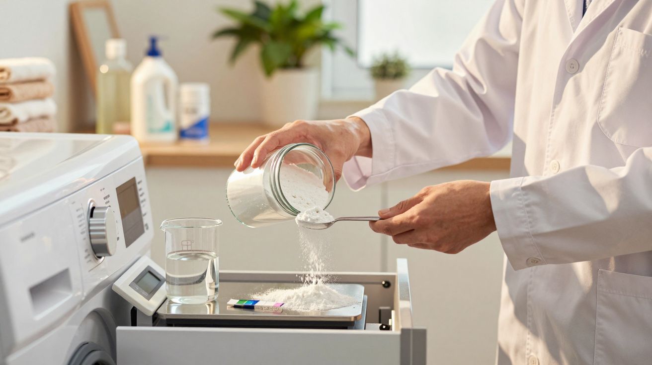 Persona echando detergente en una lavadora desde un frasco de vidrio, con una cuchara, junto a un vaso de agua.